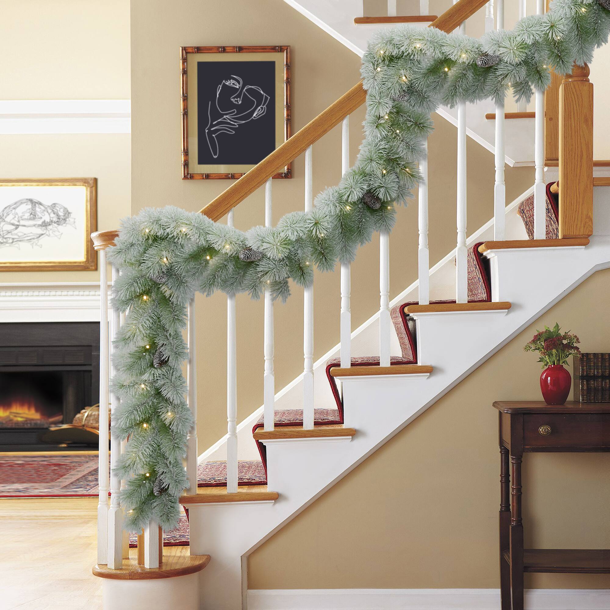 9ft. Pre-Lit Flocked Garland with Warm White LED Lights